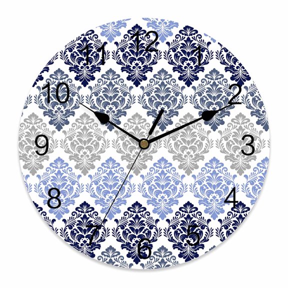 Wall Clock Floral Damask Pattern Clocks PVC Silent Non-Ticking Battery Operated Decorative Ombre Navy Blue Luxury Round Clock for Home Living Room Kitchen Bedroom Office School Wall Decor 10 Inch