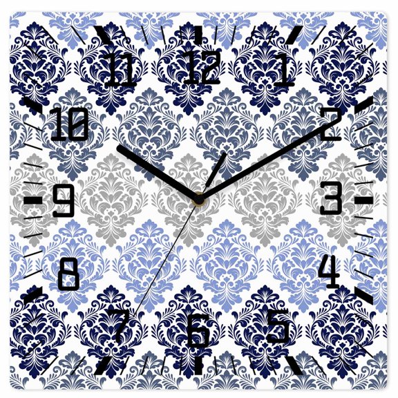 Wall Clock Floral Damask Pattern Operated Square Clocks Wooden Silent Non-Ticking Wallclock 12 Inch Ombre Navy Blue Luxury Wood Wall Clock for Living Room Bedroom Office Shool Home Decor
