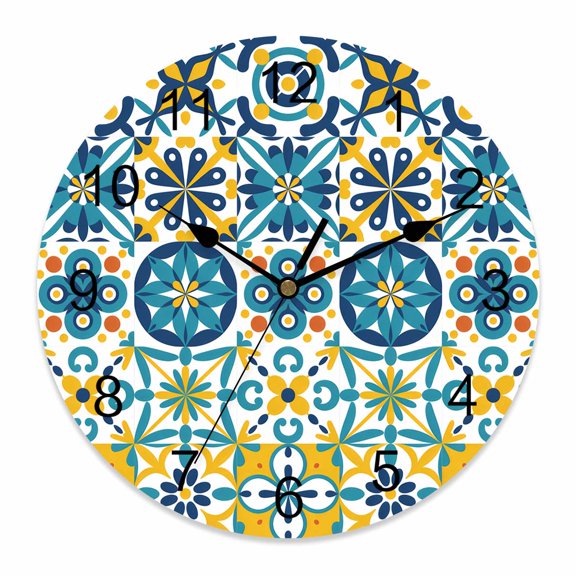 Wall Clock Floral Geometric Clocks PVC Silent Non-Ticking Battery Operated Vintage Green Flower Ceramic Brick Round Clock for Home Living Room Kitchen Bedroom Office School Wall Decor 10 Inch