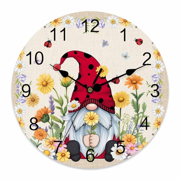 Wall Clock Floral Gnome Clocks PVC Silent Non-Ticking Battery Operated Decorative Spring Summer Floral Yellow Pink Round Clock for Home Living Room Kitchen Bedroom Office School Wall Decor 10 Inch