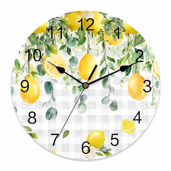 Wall Clock Floral Lemon Clocks PVC Silent Non-Ticking Battery Operated Decorative Fruit Eucalyptus Leaf Branch Grey Plaid Round Clock for Home Living Room Kitchen Bedroom Office Wall Decor 10 Inch