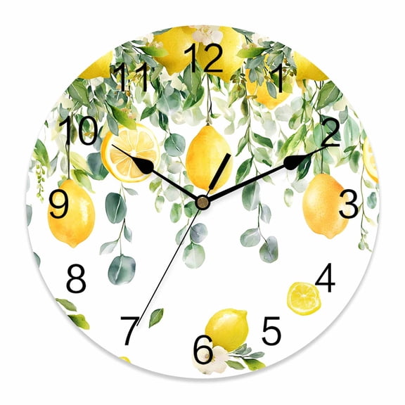 Wall Clock Floral Lemon Clocks PVC Silent Non-Ticking Battery Operated Decorative Fruit Eucalyptus Leaf Branches Round Clock for Home Living Room Kitchen Bedroom Office School Wall Decor 10 Inch
