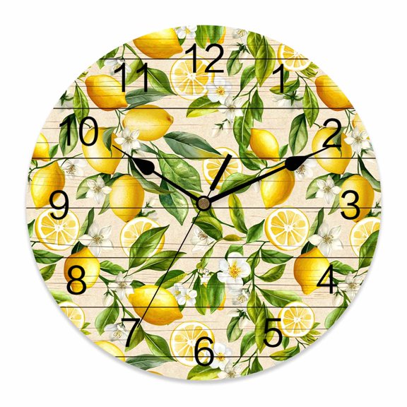 Wall Clock Floral Lemon Clocks PVC Silent Non-Ticking Battery Operated Decorative Summer Fruit Green Leaves Wood Round Clock for Home Living Room Kitchen Bedroom Office School Wall Decor 10 Inch