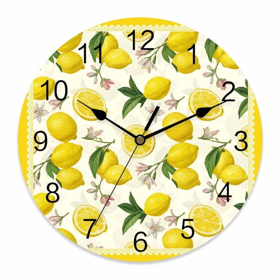 Wall Clock Floral Lemon Clocks PVC Silent Non-Ticking Battery Operated Decorative Yellow Summer Fruit Round Clock for Home Living Room Kitchen Bedroom Office School Wall Decor 10 Inch