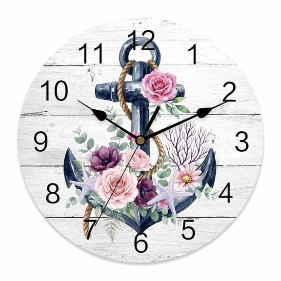Wall Clock Floral Nautical Anchor Clocks PVC Silent Non-Ticking Battery Operated Decorative Rustic Retro Wood Grain Round Clock for Home Living Room Kitchen Bedroom Office School Wall Decor 10 Inch