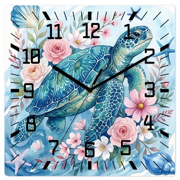 Wall Clock Floral Sea Turtle Operated Square Clocks Wooden Silent Non-Ticking Wallclock 12 Inch Starfish Shell Coral Blue Wood Wall Clock for Living Room Bedroom Office Shool Home Decor