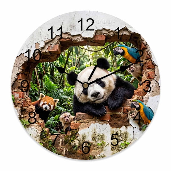 Wall Clock Forest Animal Clocks PVC Silent Non-Ticking Battery Operated Broken Wall Panda Parrot Monkey Raccoon Round Clock for Home Living Room Kitchen Bedroom Office School Wall Decor 10 Inch