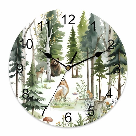 Wall Clock Forest Animal Clocks PVC Silent Non-Ticking Battery Operated Decorative Woodland Bear Fox Deer Bird Round Clock for Home Living Room Kitchen Bedroom Office School Wall Decor 10 Inch