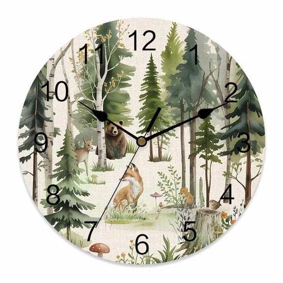 Wall Clock Forest Animal Clocks PVC Silent Non-Ticking Battery Operated Decorative Woodland Trees Bear Fox Deer Bird Round Clock for Home Living Room Kitchen Bedroom Office School Wall Decor 10 Inch
