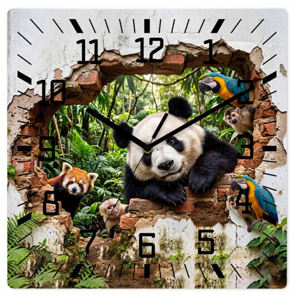 Wall Clock Forest Animal Operated Square Clocks Wooden Silent Non-Ticking Wallclock 12 Inch Broken Wall Panda Parrot Monkey Raccoon Wood Wall Clock for Living Room Bedroom Office Shool Home Decor