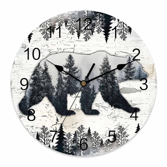 Wall Clock Forest Bear Clocks PVC Silent Non-Ticking Battery Operated Decorative Animal Retro Pine Tree Woodland Round Clock for Home Living Room Kitchen Bedroom Office School Wall Decor 12 Inch