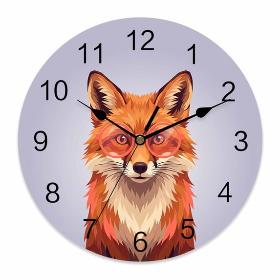 Wall Clock Fox Wear Glasses Clocks PVC Silent Non-Ticking Battery Operated Decorative Purple Funny Animal Round Clock for Home Living Room Kitchen Bedroom Office School Wall Decor 10 Inch