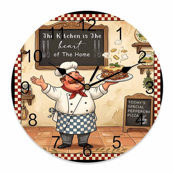 Wall Clock Funny Chef Clocks PVC Silent Non-Ticking Battery Operated Decorative Cozy Cooking Kitchen Red Plaid Round Clock for Home Living Room Kitchen Bedroom Office School Wall Decor 14 Inch