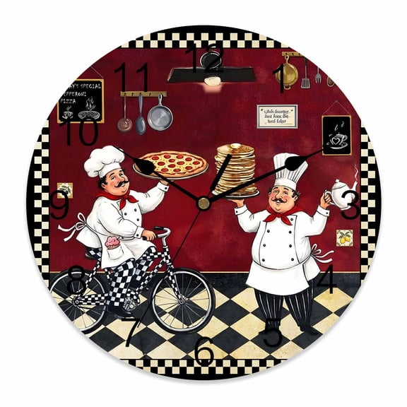 Wall Clock Funny Chef Clocks PVC Silent Non-Ticking Battery Operated Decorative Cozy Kitchen Pizza Buffalo Plaid Round Clock for Home Living Room Kitchen Bedroom Office School Wall Decor 14 Inch