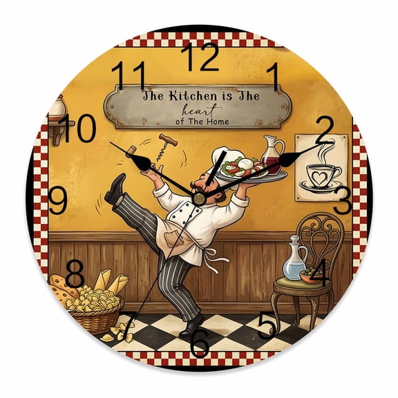 Wall Clock Funny Chef Clocks PVC Silent Non-Ticking Battery Operated Decorative Pizza Toss Cooking Kitchen Plaid Round Clock for Home Living Room Kitchen Bedroom Office School Wall Decor 10 Inch