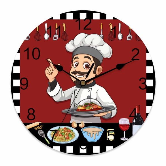 Wall Clock Funny Chef Kitchen Clocks PVC Silent Non-Ticking Battery Operated Decorative Buffalo Plaid Check Red Round Clock for Home Living Room Kitchen Bedroom Office School Wall Decor 10 Inch