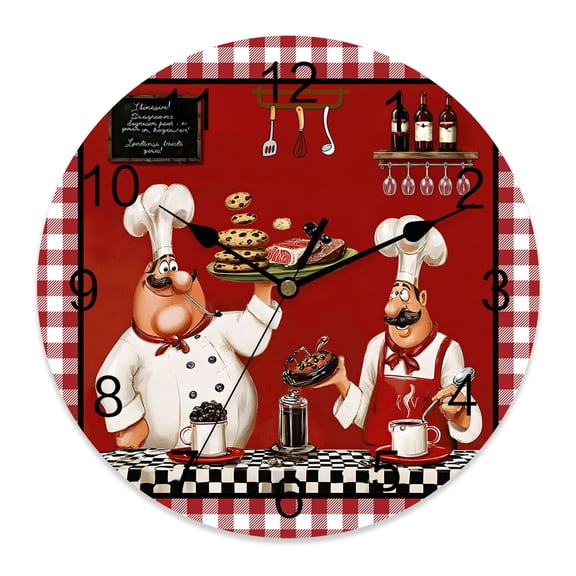 Wall Clock Funny Cooking Chef Clocks PVC Silent Non-Ticking Battery Operated Decorative Food Wine Red Plaid Round Clock for Home Living Room Kitchen Bedroom Office School Wall Decor 10 Inch