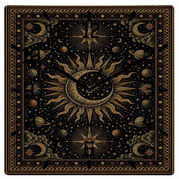 Wall Clock Galaxy Cosmic Astrology Operated Square Clocks Wooden Silent Non-Ticking Wallclock 12 Inch Mystical Celestial Star Moon Wood Wall Clock for Living Room Bedroom Office Shool Home Decor