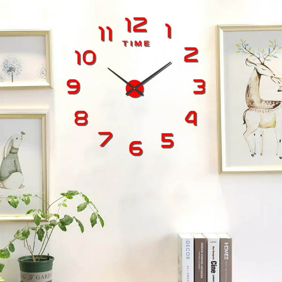 Wall Clock, Gaqring Frameless Large DIY Mirror Wall Clock, 60CM Self-Adhesive Mute Decorative Stickers for Living Room Home Office, Red