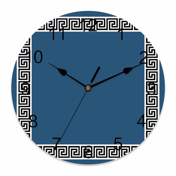 Wall Clock Geometric Greek Key Design Clocks PVC Silent Non-Ticking Battery Operated Decorative Blue Round Clock for Home Living Room Kitchen Bedroom Office School Wall Decor 14 Inch