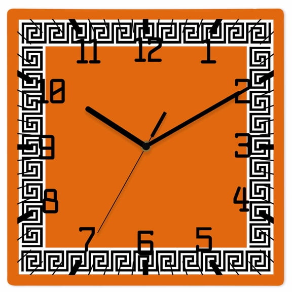 Wall Clock Geometric Greek Key Design Operated Square Clocks Wooden Silent Non-Ticking Wallclock 12 Inch Orange Wood Wall Clock for Living Room Bedroom Office Shool Home Decor