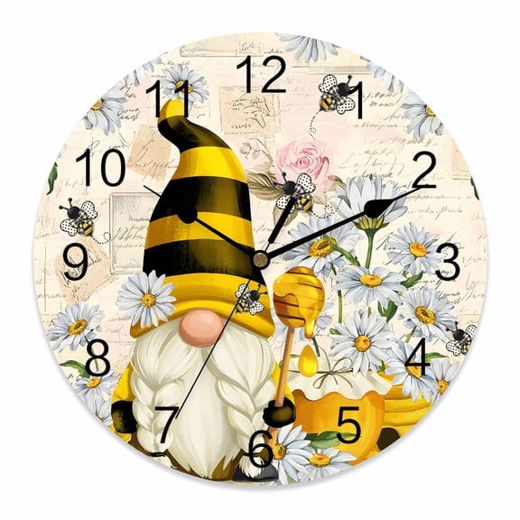 Wall Clock Gnome Honey Bee Clocks PVC Silent Non-Ticking Battery Operated Decorative Daisy Flower Vintage Round Clock for Home Living Room Kitchen Bedroom Office School Wall Decor 10 Inch