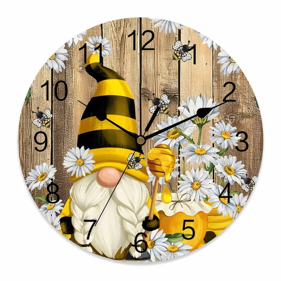 Wall Clock Gnome Honey Bee Clocks PVC Silent Non-Ticking Battery Operated Decorative Daisy Flower Wood Grain Round Clock for Home Living Room Kitchen Bedroom Office School Wall Decor 10 Inch