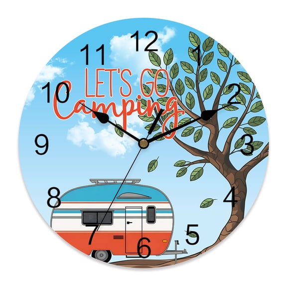 Wall Clock Let's Go Camping Clocks PVC Silent Non-Ticking Battery Operated Decorative Camper Van Trees Blue Sky Round Clock for Home Living Room Kitchen Bedroom Office School Wall Decor 10 Inch