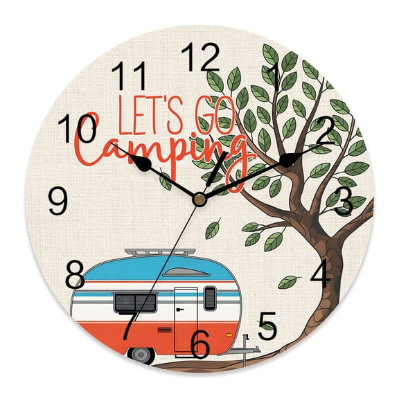Wall Clock Let's Go Camping Clocks PVC Silent Non-Ticking Battery Operated Red Camper Van Trees Linen Round Clock for Home Living Room Kitchen Bedroom Office Wall Decor 10 Inch