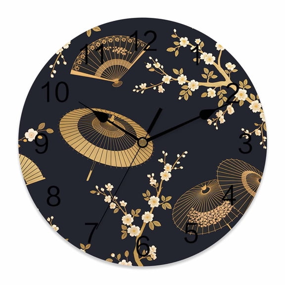 Wall Clock Golden Paper Fan Clocks PVC Silent Non-Ticking Battery Operated Decorative Cherry Blossom Japanese Style Black Round Clock for Home Living Room Kitchen Bedroom Office Wall Decor 10 Inch