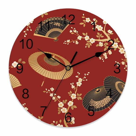 Wall Clock Golden Paper Fan Clocks PVC Silent Non-Ticking Battery Operated Decorative Cherry Blossom Japanese Style Red Round Clock for Home Living Room Kitchen Bedroom Office Wall Decor 10 Inch