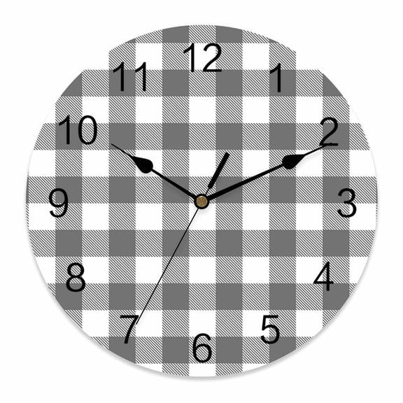 Wall Clock Gray Buffalo Check Plaid Clocks PVC Silent Non-Ticking Battery Operated Decorative Farmhouse Style Round Clock for Home Living Room Kitchen Bedroom Office School Wall Decor 10 Inch