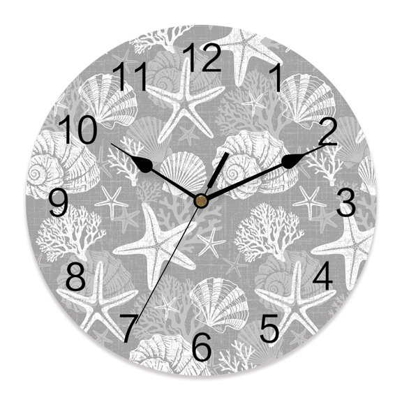 Wall Clock Gray Coastal Marine Life Clocks PVC Silent Non-Ticking Battery Operated Decorative Starfish Shell Conch Round Clock for Home Living Room Kitchen Bedroom Office School Wall Decor 10 Inch
