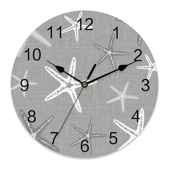Wall Clock Gray Coastal Starfish Clocks PVC Silent Non-Ticking Battery Operated Decorative Ocean Marine Life Round Clock for Home Living Room Kitchen Bedroom Office School Wall Decor 10 Inch