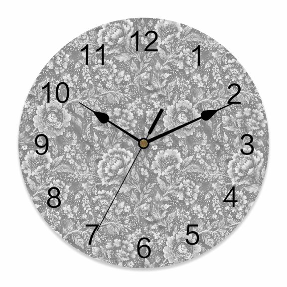 Wall Clock Gray Damask Floral Clocks PVC Silent Non-Ticking Battery Operated Decorative Spring Summer Petal Leaves Round Clock for Home Living Room Kitchen Bedroom Office School Wall Decor 10 Inch