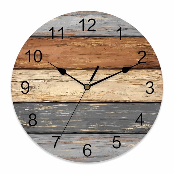 Wall Clock Gray Wood Grain Clocks PVC Silent Non-Ticking Battery Operated Decorative Rustic Retro Brown Wooden Round Clock for Home Living Room Kitchen Bedroom Office School Wall Decor 10 Inch