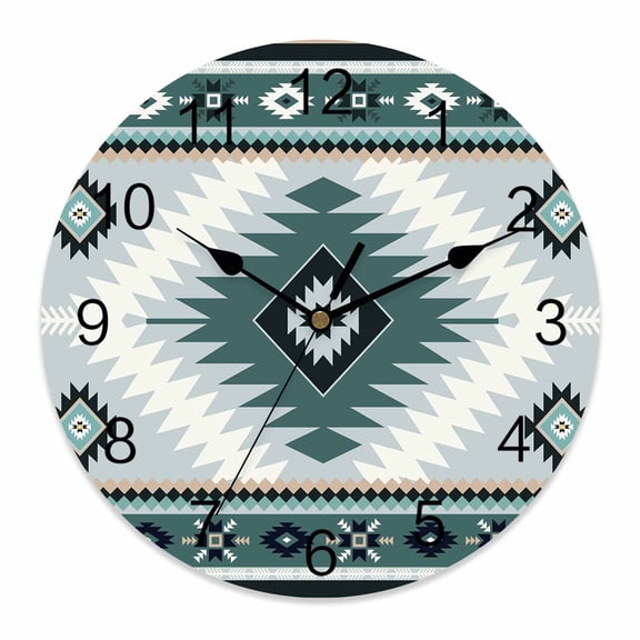 Wall Clock Green Bohemian Clocks PVC Silent Non-Ticking Battery Operated Decorative Aztec Boho Tribal Style Round Clock for Home Living Room Kitchen Bedroom Office School Wall Decor 10 Inch