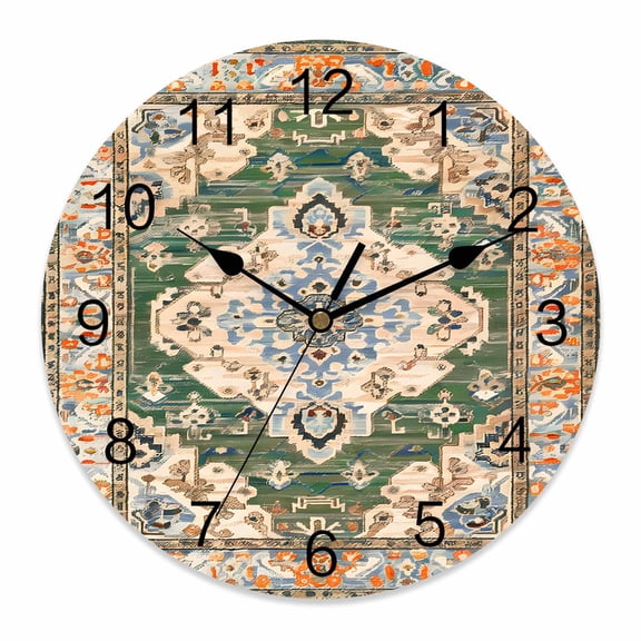 Wall Clock Green Bohemian Clocks PVC Silent Non-Ticking Battery Operated Decorative Retro Boho Medieval Mural Round Clock for Home Living Room Kitchen Bedroom Office School Wall Decor 10 Inch