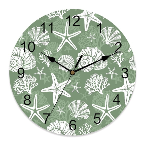 Wall Clock Green Coastal Marine Life Clocks PVC Silent Non-Ticking Battery Operated Decorative Starfish Shell Conch Round Clock for Home Living Room Kitchen Bedroom Office School Wall Decor 10 Inch