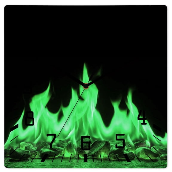 Wall Clock Green Flames Operated Square Clocks Wooden Silent Non-Ticking Wallclock 10 Inch Burning Embers Ethereal Fire Wood Wall Clock for Living Room Bedroom Office Shool Home Decor