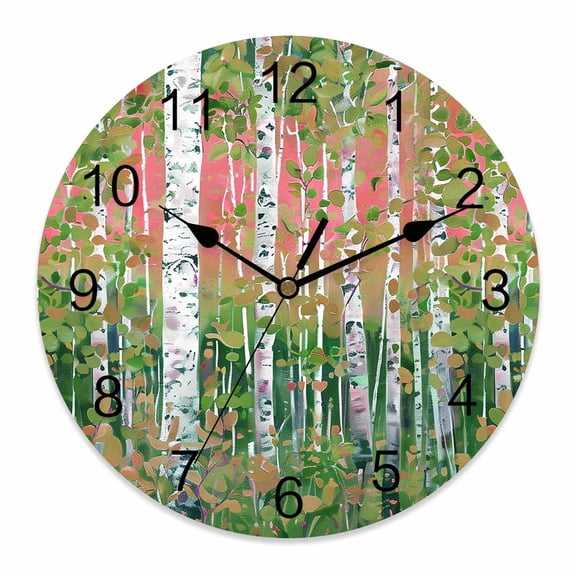 Wall Clock Green Forest Plant Clocks PVC Silent Non-Ticking Battery Operated Decorative Tree Illustration Pink Round Clock for Home Living Room Kitchen Bedroom Office School Wall Decor 10 Inch