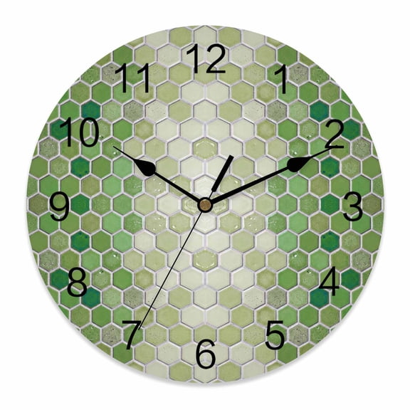 Wall Clock Green Honeycomb Grid Clocks PVC Silent Non-Ticking Battery Operated Decorative Gradient Hexagonal Cells Round Clock for Home Living Room Kitchen Bedroom Office School Wall Decor 10 Inch