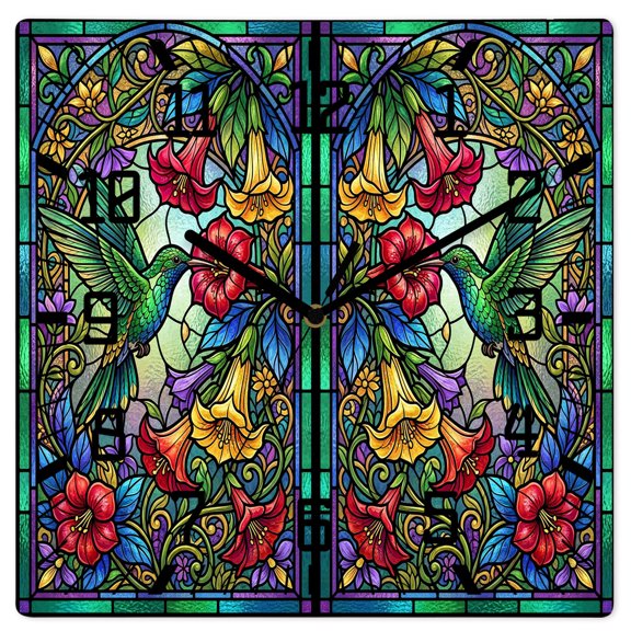 Wall Clock Green Hummingbirds Operated Square Clocks Wooden Silent Non-Ticking Wallclock 12 Inch Shiny Stained Glass Flowers Wood Wall Clock for Living Room Bedroom Office Shool Home Decor
