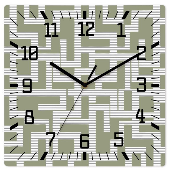 Wall Clock Green Interlocking Lines Operated Square Clocks Wooden Silent Non-Ticking Wallclock 10 Inch Maze Labyrinth Strokes Wood Wall Clock for Living Room Bedroom Office Shool Home Decor