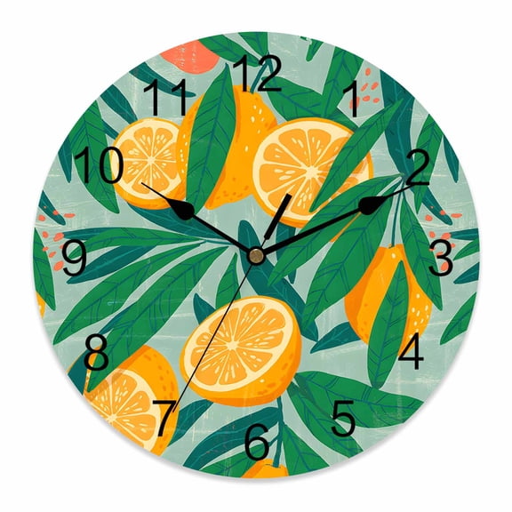 Wall Clock Green Lemon Clocks PVC Silent Non-Ticking Battery Operated Decorative Fruit Leaves Plant Round Clock for Home Living Room Kitchen Bedroom Office School Wall Decor 10 Inch