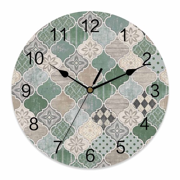 Wall Clock Green Mosaic Texture Clocks PVC Silent Non-Ticking Battery Operated Decorative Floral Damask Plaid Round Clock for Home Living Room Kitchen Bedroom Office School Wall Decor 10 Inch