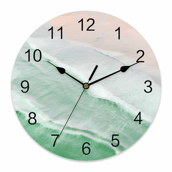 Wall Clock Green Ocean Waves Clocks PVC Silent Non-Ticking Battery Operated Decorative Ombre Beach Spray Round Clock for Home Living Room Kitchen Bedroom Office School Wall Decor 14 Inch