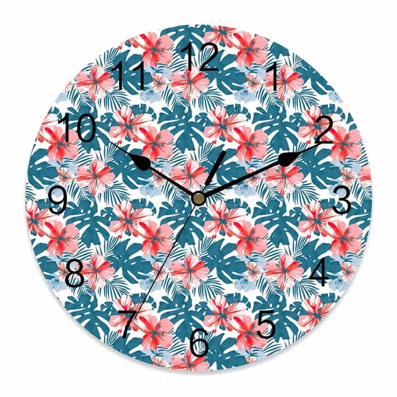 Wall Clock Green Palm Leaves Clocks PVC Silent Non-Ticking Battery Operated Decorative Red Tropical Floral Plants Round Clock for Home Living Room Kitchen Bedroom Office School Wall Decor 10 Inch