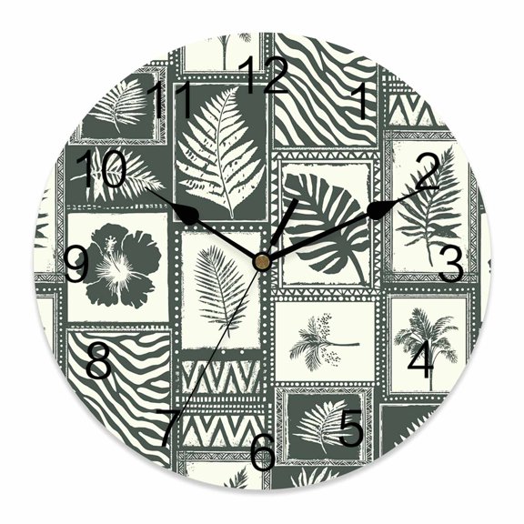 Wall Clock Green Palm Leaves Clocks PVC Silent Non-Ticking Battery Operated Decorative Tropical Flower Stripes Plaid Round Clock for Home Living Room Kitchen Bedroom Office School Wall Decor 10 Inch