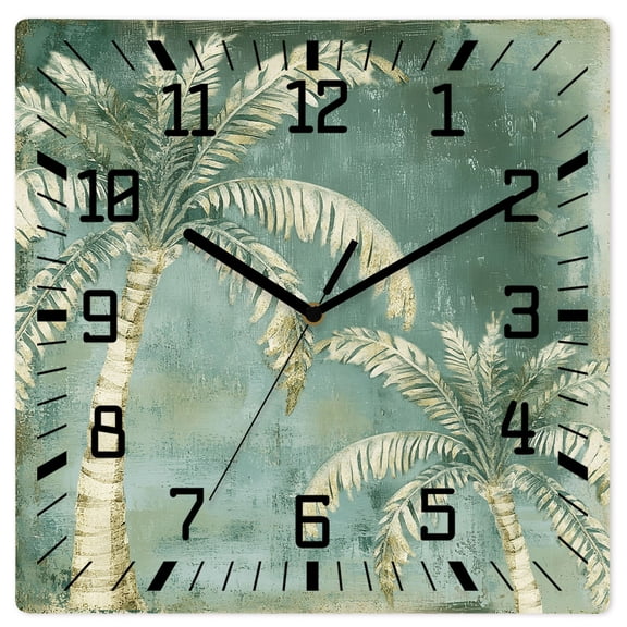 Wall Clock Green Palm Tree Operated Square Clocks Wooden Silent Non-Ticking Wallclock 10 Inch Summer Tropical Jungle Wood Wall Clock for Living Room Bedroom Office Shool Home Decor